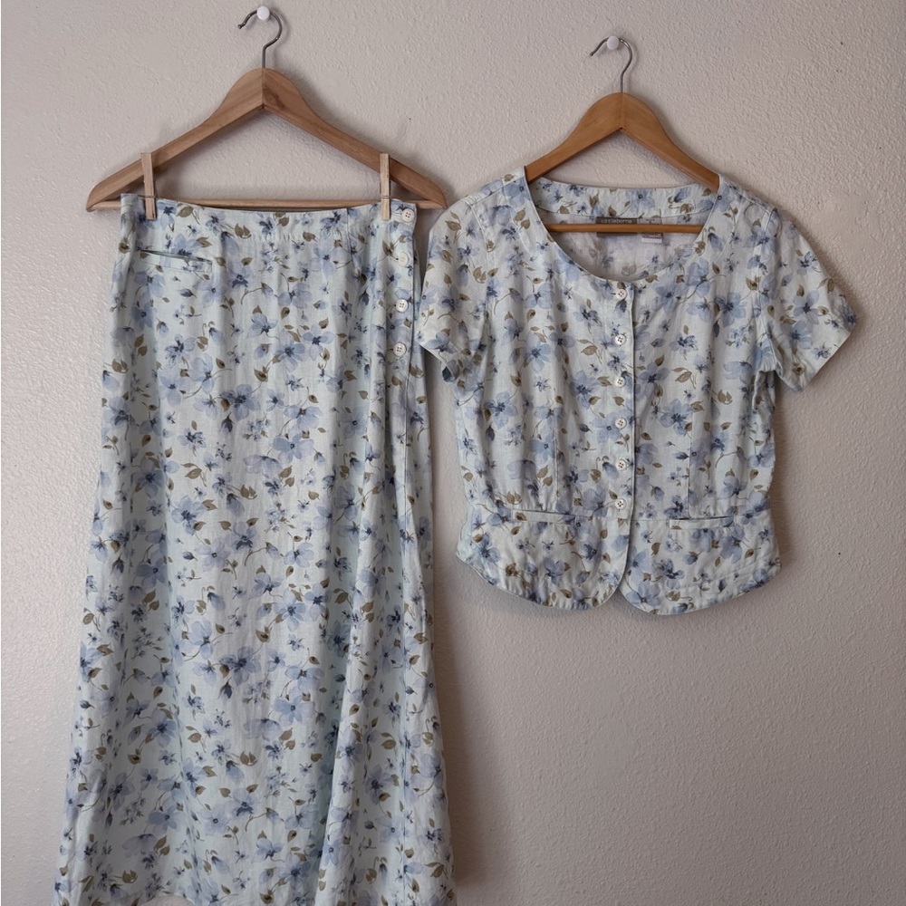 Vintage Liz Claiborne Blue Floral 2-piece set Button down top and midi skirt